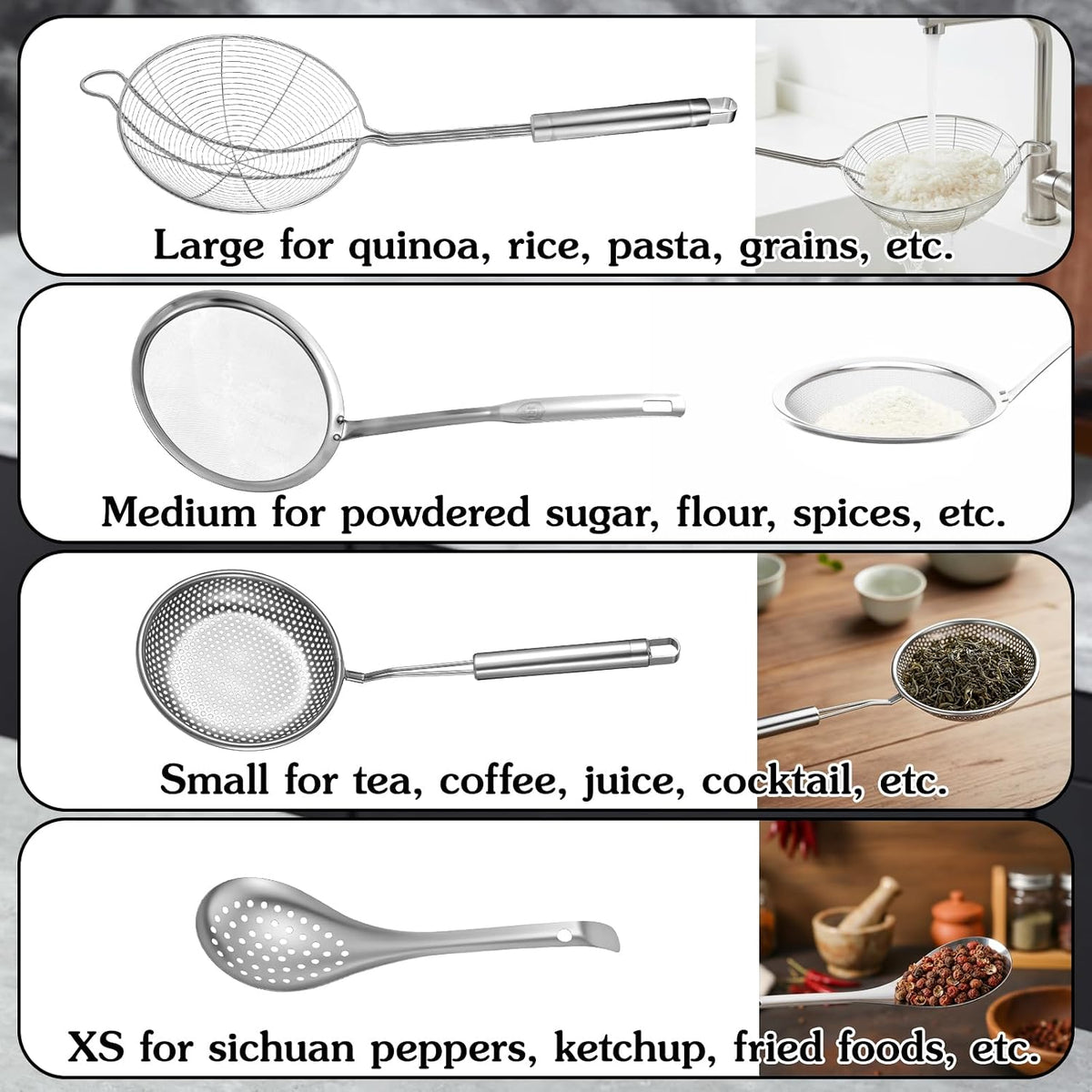 4 Pieces Spider Strainer Skimmer Spoon Set, Fine Mesh Strainer and Fat Skimmer Spoon Set, Stainless Steel Metal With HoleSieve Food Strainers with Hanging Holes, for Cooking, Fat, Grease, Floating Foa