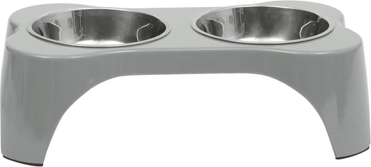 Gibson Home Bow Wow Meow 3-Piece Elevated Dog Bowl Set – Bone-Shaped Raised Feeder with 2 Stainless Steel Bowls for Medium to Large Dogs, Non-Slip, Easy to Clean, Grey