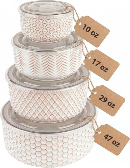 Ceramic Nesting Bowls with Lids, Embossed Stoneware, Set of 4, Ivory
