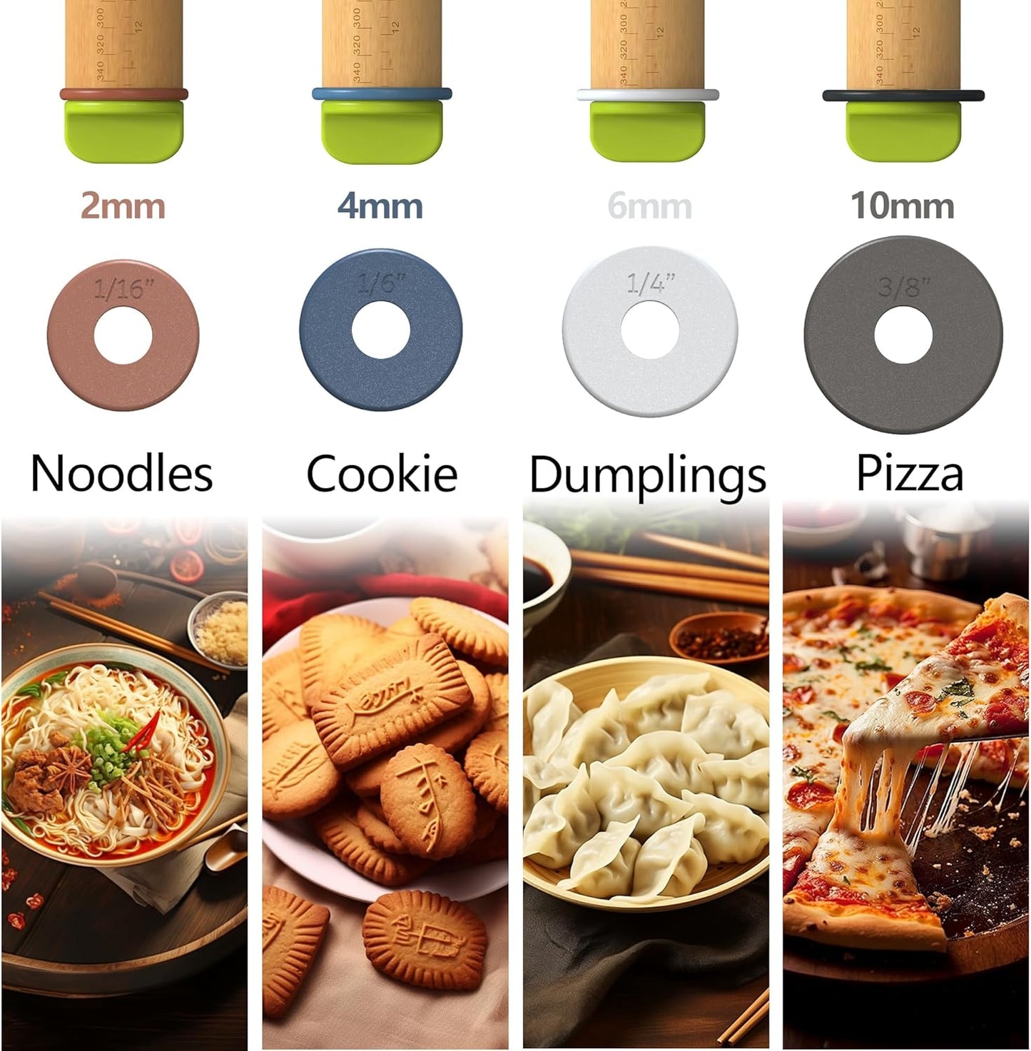 Wooden Adjustable Rolling Pin with 4 Thickness Rings For Dough Baking Tool | 13.6'' Dough Roller with Multi-Color Measuring Rings For Cookie Pizza Fondant Pie Pastry Making At Home or Pro Bakers