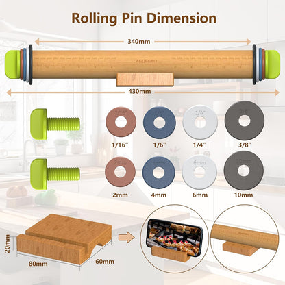 Wooden Adjustable Rolling Pin with 4 Thickness Rings For Dough Baking Tool | 13.6'' Dough Roller with Multi-Color Measuring Rings For Cookie Pizza Fondant Pie Pastry Making At Home or Pro Bakers