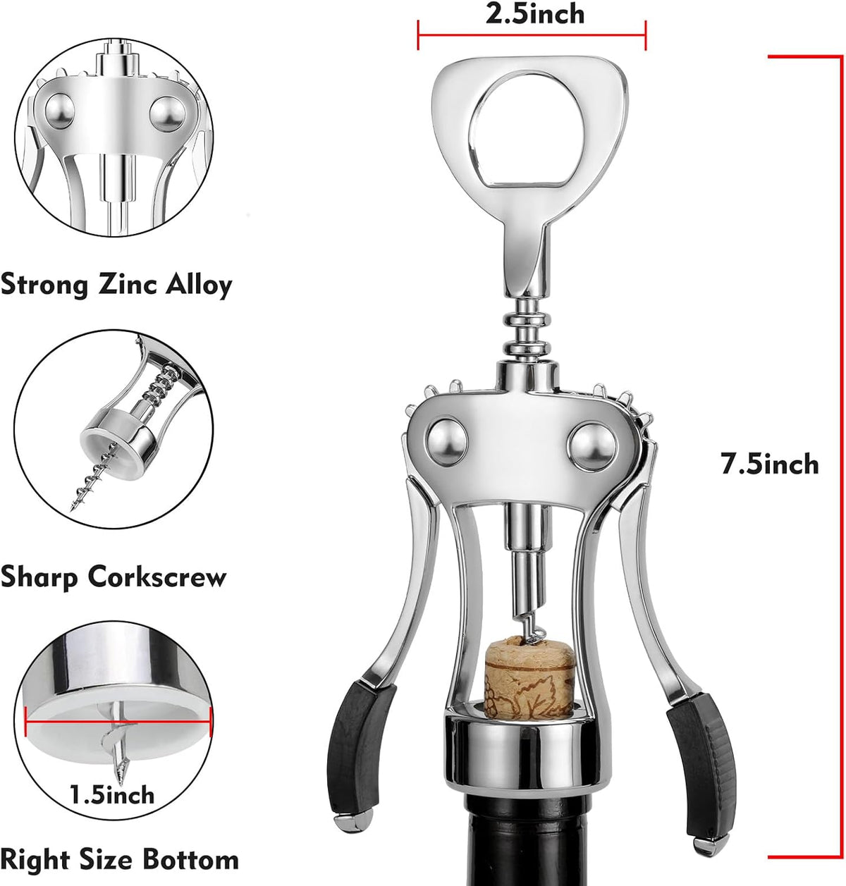 Wine Opener, Heavy-Duty Zinc Alloy Wing Corkscrew, Premium Beer Bottle Opener, Multifunctional Wine Accessories with Ergonomic Handle and Sharp Screw, for Kitchen, Bar, Restaurant (SILVER)