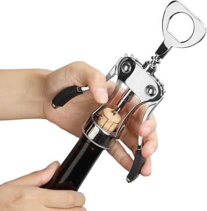 Wine Opener, Heavy-Duty Zinc Alloy Wing Corkscrew, Premium Beer Bottle Opener, Multifunctional Wine Accessories with Ergonomic Handle and Sharp Screw, for Kitchen, Bar, Restaurant (SILVER)