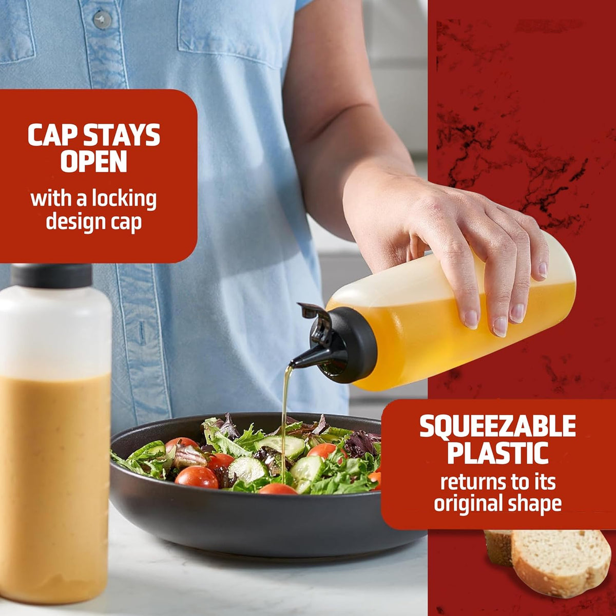 Condiment Squeeze Bottles 24 Oz –Easy Pour Sauce Bottle With Leak Proof Snap Cap, Plastic Squeeze Bottles For Sauces, Condiment Containers, clear