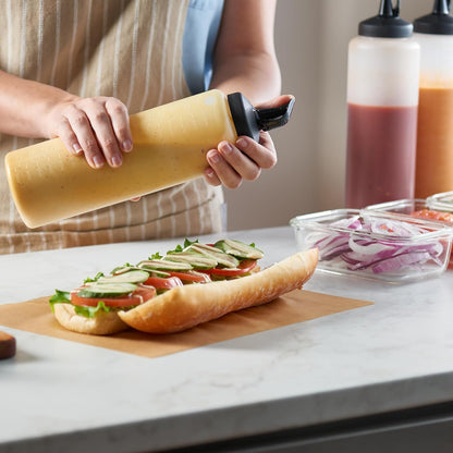 Condiment Squeeze Bottles 24 Oz –Easy Pour Sauce Bottle With Leak Proof Snap Cap, Plastic Squeeze Bottles For Sauces, Condiment Containers, clear