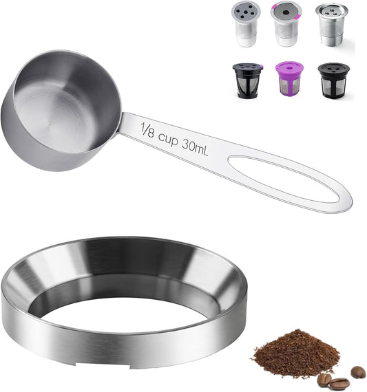 Reusable K Cup Refill Kit, 304 Stainless Steel 30ML Coffee Scoop & Aluminum Dosing Funnel, Non-Plastic Rustproof Easy to Clean, Fits Most K 1.0 & 2.0 Reusable Metal & BPA-Free Plastic K-Cups, Silver