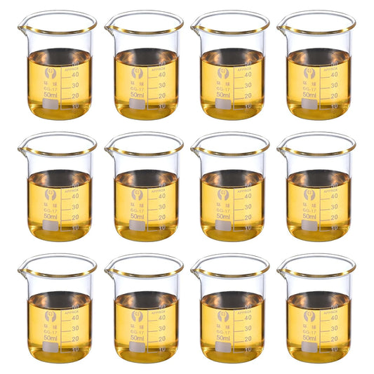 50ml Low Form Glass Beaker, 12 Pack 3.3 Borosilicate Glass Graduated Printed Scale Measuring Cups with Spout for Kitchen Lab Liquids