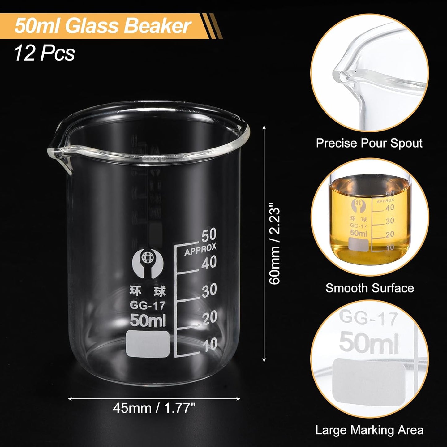50ml Low Form Glass Beaker, 12 Pack 3.3 Borosilicate Glass Graduated Printed Scale Measuring Cups with Spout for Kitchen Lab Liquids