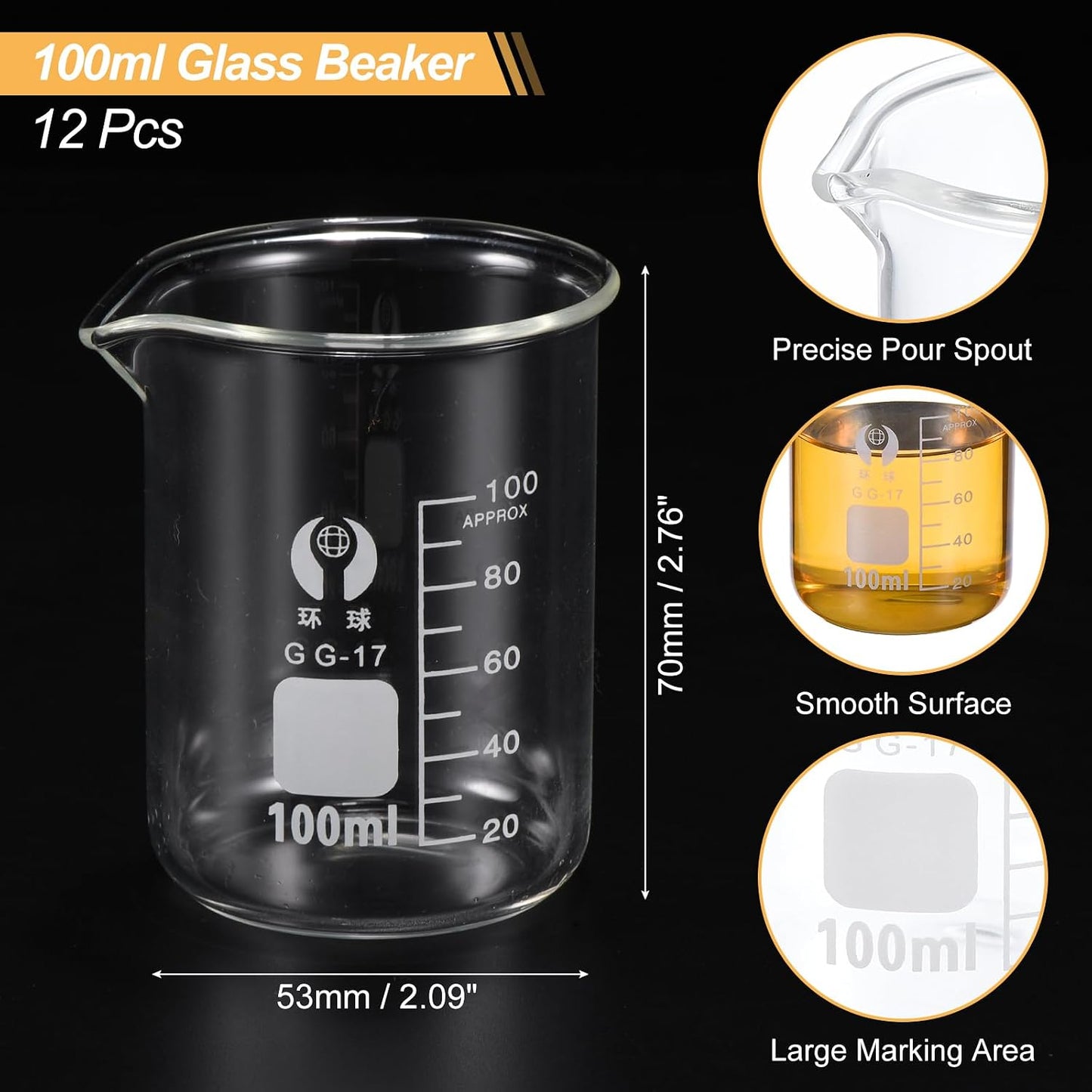 50ml Low Form Glass Beaker, 12 Pack 3.3 Borosilicate Glass Graduated Printed Scale Measuring Cups with Spout for Kitchen Lab Liquids