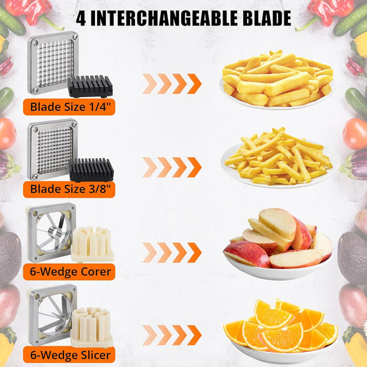 Commercial Vegetable Fruit Chopper, Stainless Steel French Fry Cutter with 4 Replacement Blades, Heavy Duty Vegetable Chopper Dicer for Potato Onion Carrot Cucumber
