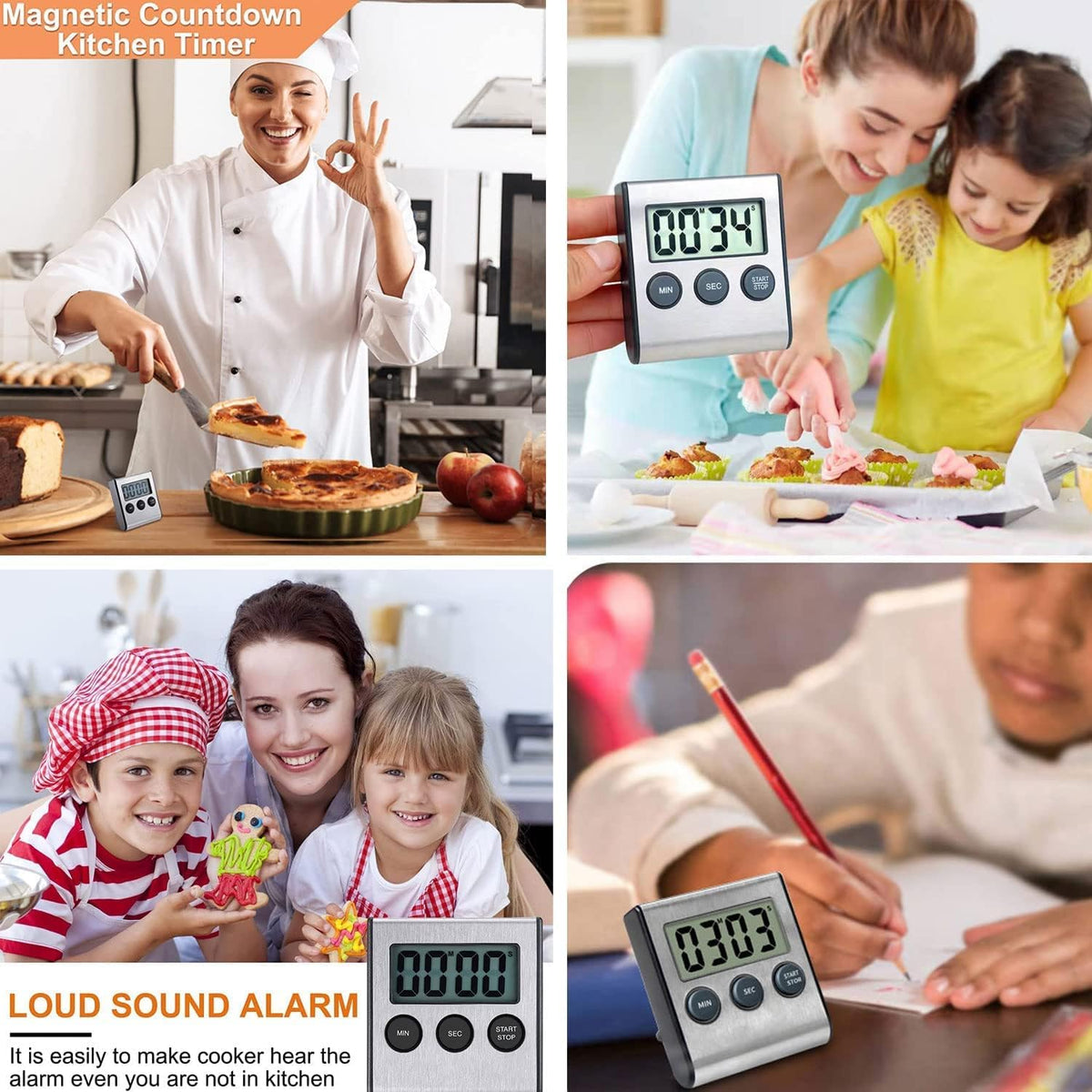 Digital Kitchen Timer - Magnetic Countdown With Loud Alarm, Stainless Steel for Cooking, Baking, Sports Games