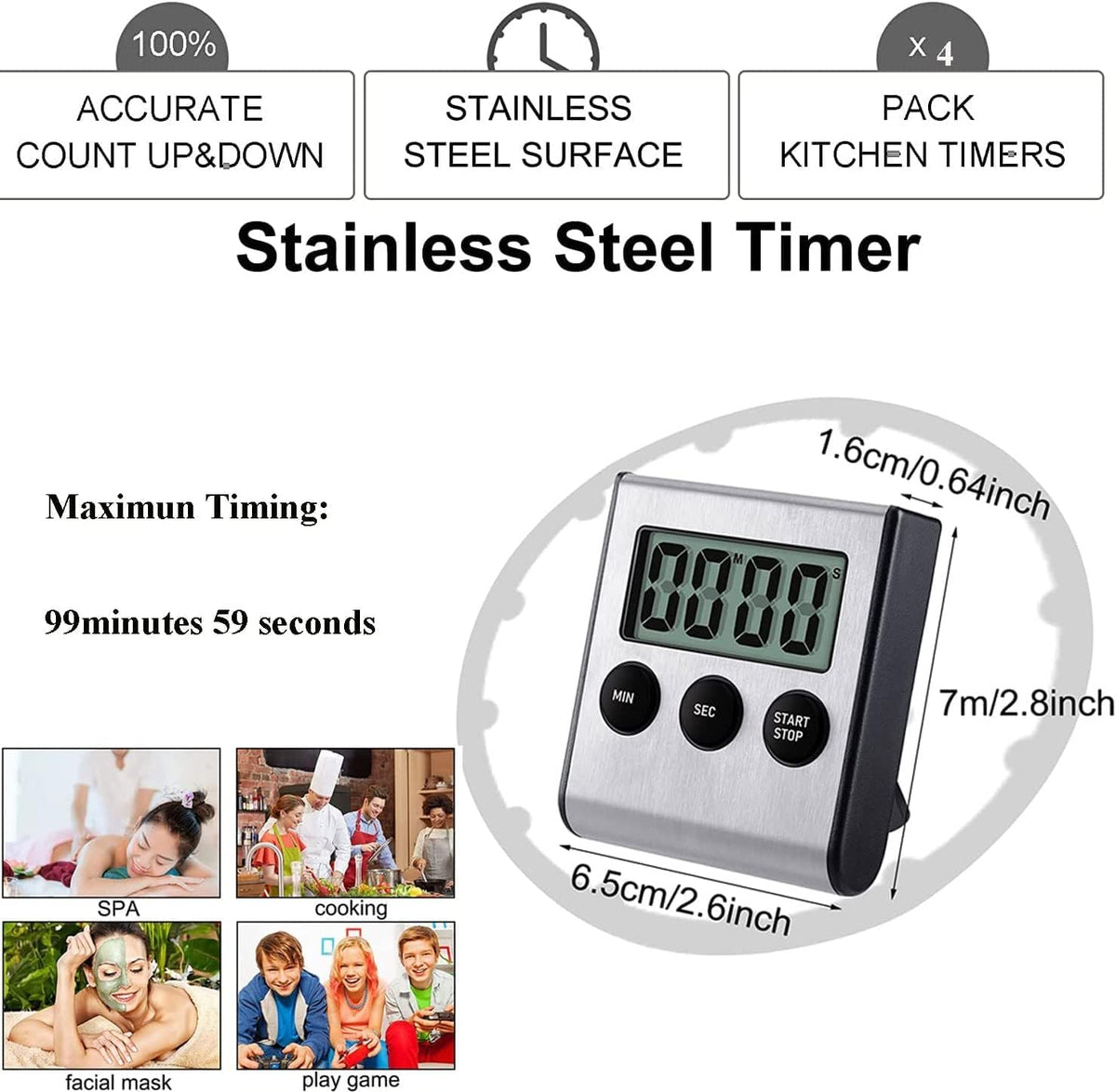 Digital Kitchen Timer - Magnetic Countdown With Loud Alarm, Stainless Steel for Cooking, Baking, Sports Games