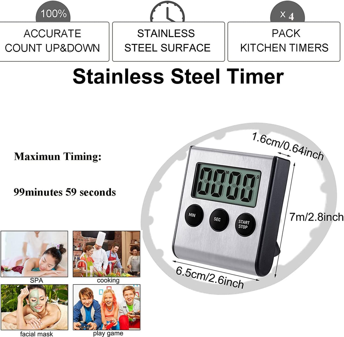 Digital Kitchen Timer - Magnetic Countdown With Loud Alarm, Stainless Steel for Cooking, Baking, Sports Games