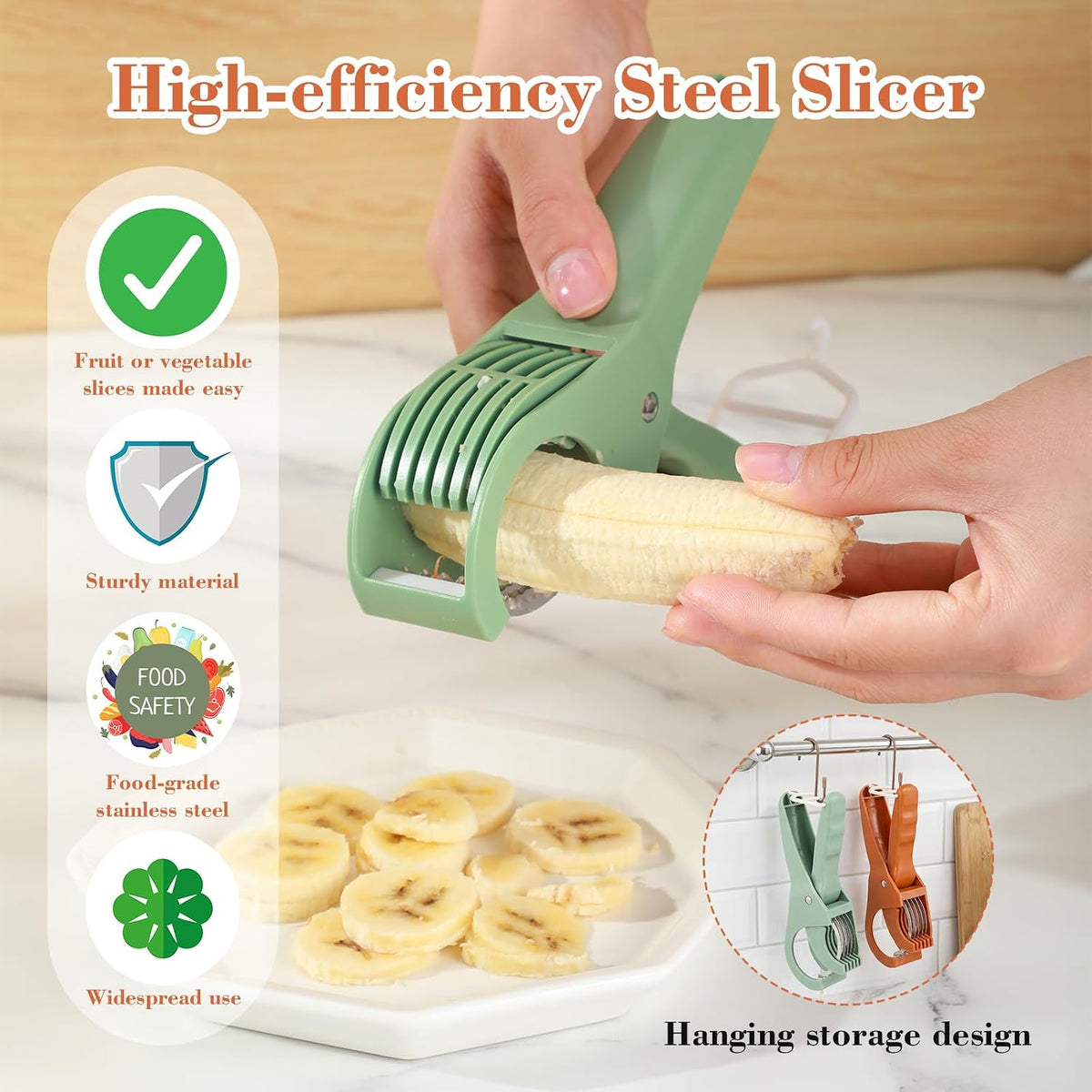 2 Pcs Food Manual Slicer Fruit and Vegetable Cutter Stainless Steel Banana Slicer with ABS Handle for Quickly Making Fruit Vegetable Salad