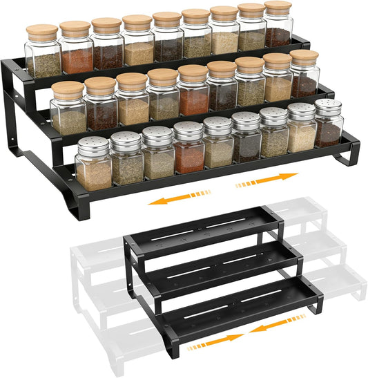 Spice Rack Organizer for Cabinet, 13-21.5" Expandable Spicy Shelf | 3-Tier Metal Seasoning Organizer, Kitchen Spice Organization, Slip-Resistant Guardrails for Jars, Bottles and Cans, Black