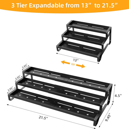 Spice Rack Organizer for Cabinet, 13-21.5" Expandable Spicy Shelf | 3-Tier Metal Seasoning Organizer, Kitchen Spice Organization, Slip-Resistant Guardrails for Jars, Bottles and Cans, Black