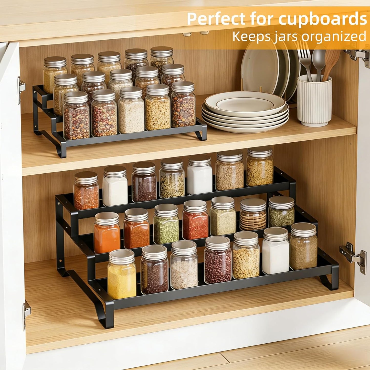 Spice Rack Organizer for Cabinet, 13-21.5" Expandable Spicy Shelf | 3-Tier Metal Seasoning Organizer, Kitchen Spice Organization, Slip-Resistant Guardrails for Jars, Bottles and Cans, Black