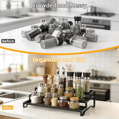 Spice Rack Organizer for Cabinet, 13-21.5" Expandable Spicy Shelf | 3-Tier Metal Seasoning Organizer, Kitchen Spice Organization, Slip-Resistant Guardrails for Jars, Bottles and Cans, Black