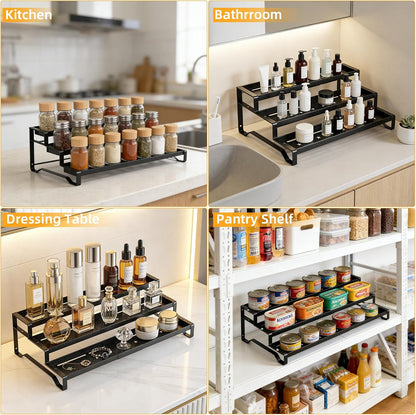 Spice Rack Organizer for Cabinet, 13-21.5" Expandable Spicy Shelf | 3-Tier Metal Seasoning Organizer, Kitchen Spice Organization, Slip-Resistant Guardrails for Jars, Bottles and Cans, Black