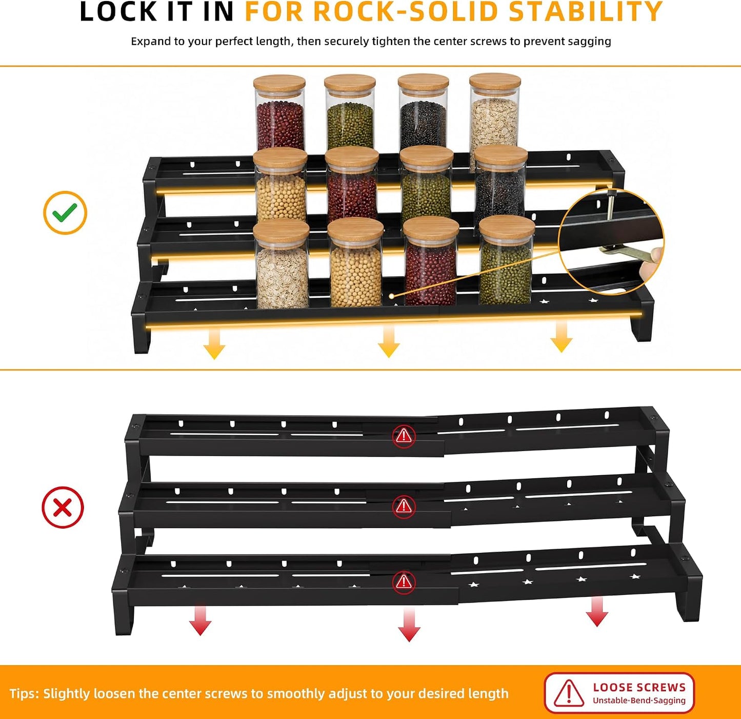 Spice Rack Organizer for Cabinet, 13-21.5" Expandable Spicy Shelf | 3-Tier Metal Seasoning Organizer, Kitchen Spice Organization, Slip-Resistant Guardrails for Jars, Bottles and Cans, Black