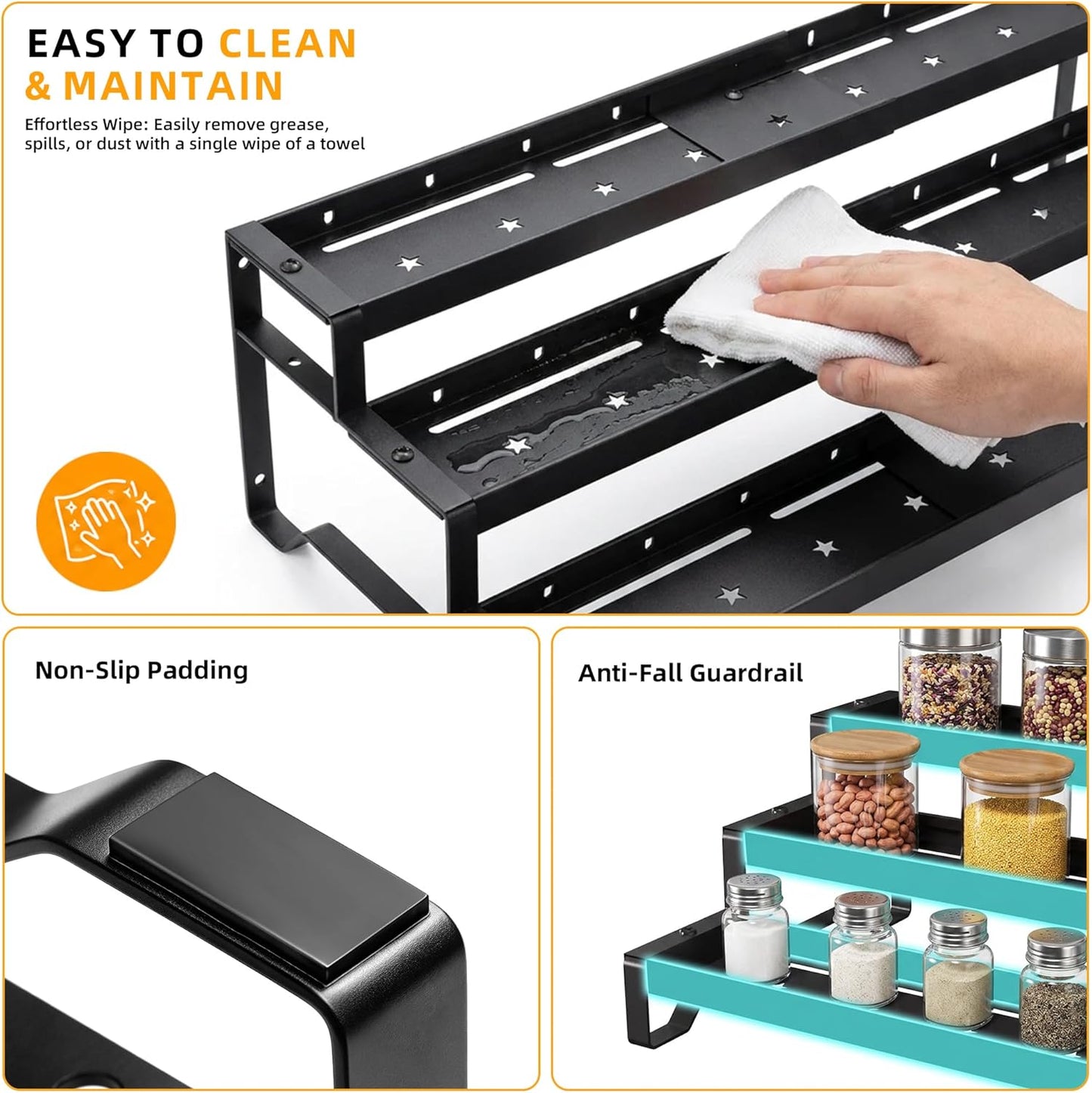 Spice Rack Organizer for Cabinet, 13-21.5" Expandable Spicy Shelf | 3-Tier Metal Seasoning Organizer, Kitchen Spice Organization, Slip-Resistant Guardrails for Jars, Bottles and Cans, Black