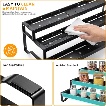 Spice Rack Organizer for Cabinet, 13-21.5" Expandable Spicy Shelf | 3-Tier Metal Seasoning Organizer, Kitchen Spice Organization, Slip-Resistant Guardrails for Jars, Bottles and Cans, Black