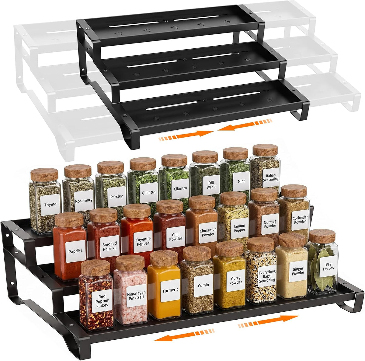 Spice Rack Organizer for Cabinet, 13-21.5" Expandable Spicy Shelf | 3-Tier Metal Seasoning Organizer, Kitchen Spice Organization, Slip-Resistant Guardrails for Jars, Bottles and Cans, Black