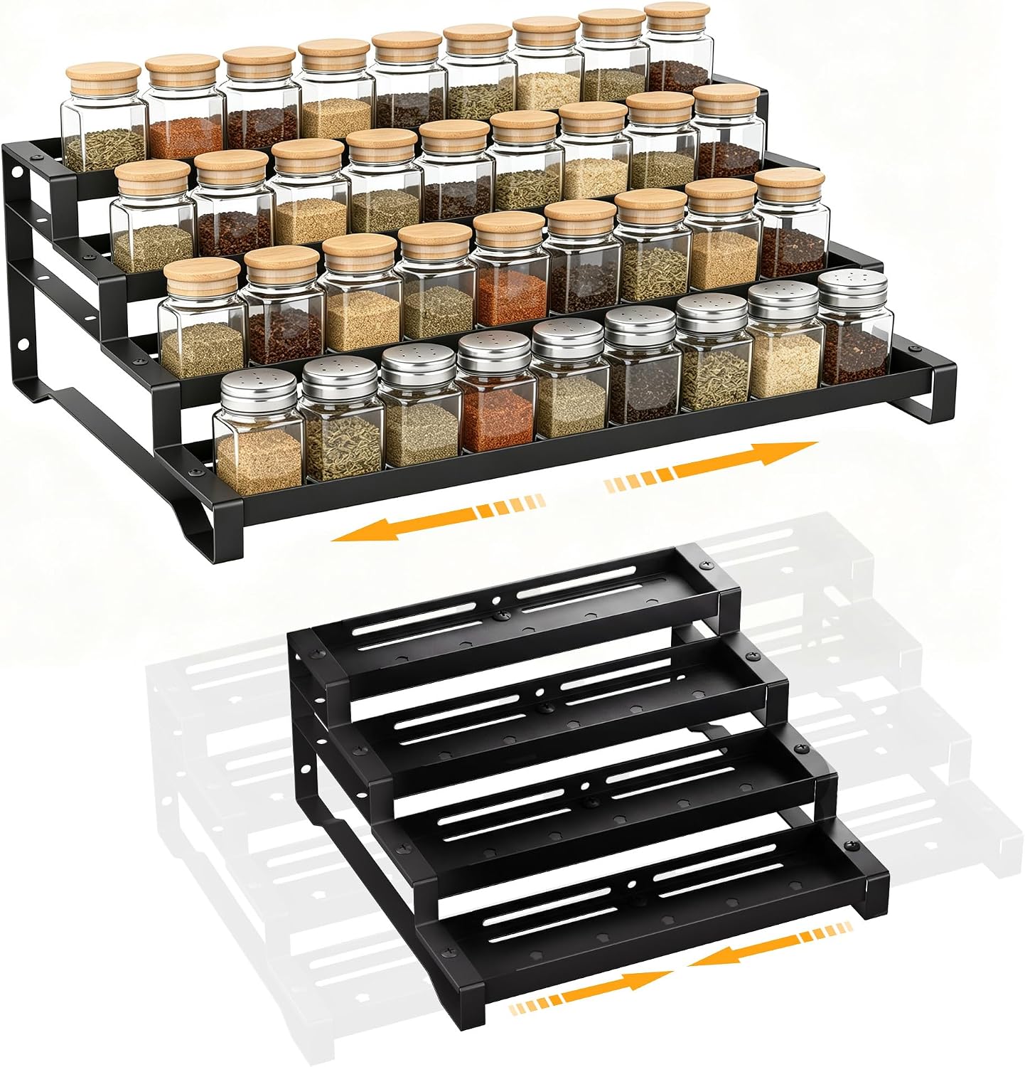 Spice Rack Organizer for Cabinet, 13-21.5" Expandable Spicy Shelf | 3-Tier Metal Seasoning Organizer, Kitchen Spice Organization, Slip-Resistant Guardrails for Jars, Bottles and Cans, Black