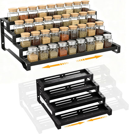 Spice Rack Organizer for Cabinet, 13-21.5" Expandable Spicy Shelf | 3-Tier Metal Seasoning Organizer, Kitchen Spice Organization, Slip-Resistant Guardrails for Jars, Bottles and Cans, Black