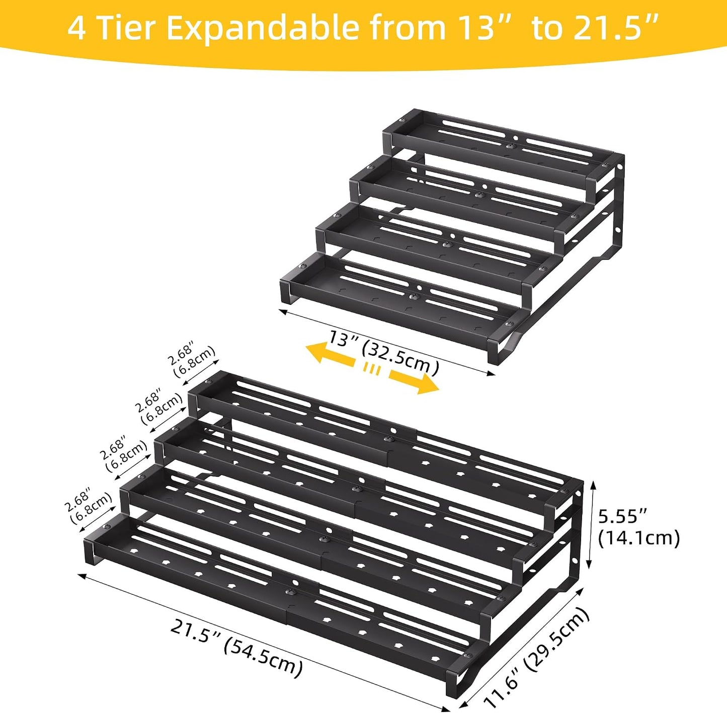 Spice Rack Organizer for Cabinet, 13-21.5" Expandable Spicy Shelf | 3-Tier Metal Seasoning Organizer, Kitchen Spice Organization, Slip-Resistant Guardrails for Jars, Bottles and Cans, Black