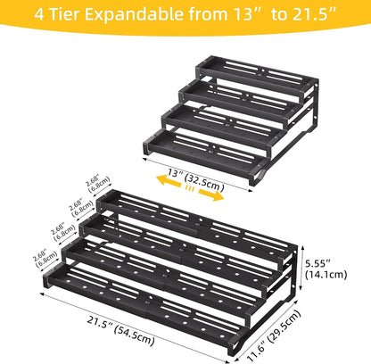 Spice Rack Organizer for Cabinet, 13-21.5" Expandable Spicy Shelf | 3-Tier Metal Seasoning Organizer, Kitchen Spice Organization, Slip-Resistant Guardrails for Jars, Bottles and Cans, Black