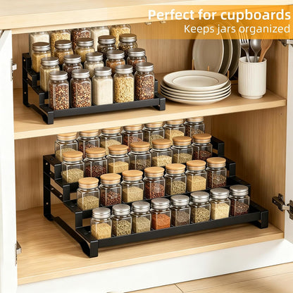 Spice Rack Organizer for Cabinet, 13-21.5" Expandable Spicy Shelf | 3-Tier Metal Seasoning Organizer, Kitchen Spice Organization, Slip-Resistant Guardrails for Jars, Bottles and Cans, Black
