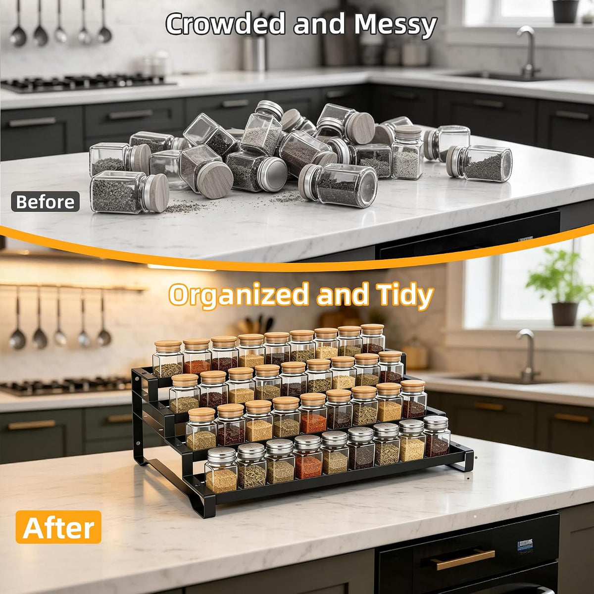 Spice Rack Organizer for Cabinet, 13-21.5" Expandable Spicy Shelf | 3-Tier Metal Seasoning Organizer, Kitchen Spice Organization, Slip-Resistant Guardrails for Jars, Bottles and Cans, Black
