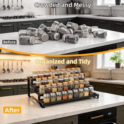 Spice Rack Organizer for Cabinet, 13-21.5" Expandable Spicy Shelf | 3-Tier Metal Seasoning Organizer, Kitchen Spice Organization, Slip-Resistant Guardrails for Jars, Bottles and Cans, Black