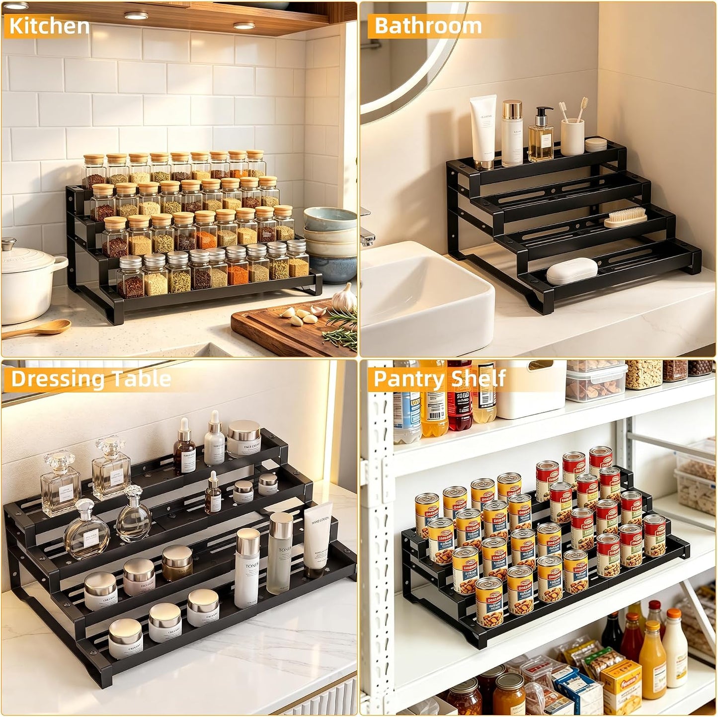 Spice Rack Organizer for Cabinet, 13-21.5" Expandable Spicy Shelf | 3-Tier Metal Seasoning Organizer, Kitchen Spice Organization, Slip-Resistant Guardrails for Jars, Bottles and Cans, Black