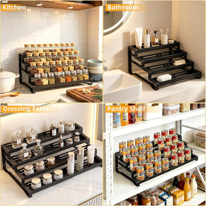 Spice Rack Organizer for Cabinet, 13-21.5" Expandable Spicy Shelf | 3-Tier Metal Seasoning Organizer, Kitchen Spice Organization, Slip-Resistant Guardrails for Jars, Bottles and Cans, Black