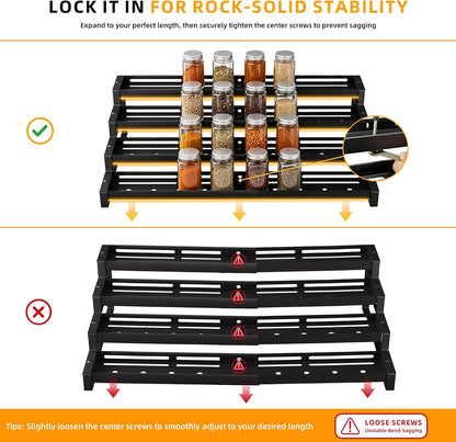 Spice Rack Organizer for Cabinet, 13-21.5" Expandable Spicy Shelf | 3-Tier Metal Seasoning Organizer, Kitchen Spice Organization, Slip-Resistant Guardrails for Jars, Bottles and Cans, Black