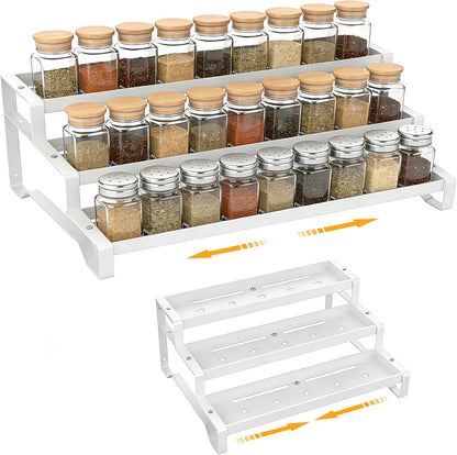 Spice Rack Organizer for Cabinet, 13-21.5" Expandable Spicy Shelf | 3-Tier Metal Seasoning Organizer, Kitchen Spice Organization, Slip-Resistant Guardrails for Jars, Bottles and Cans, Black