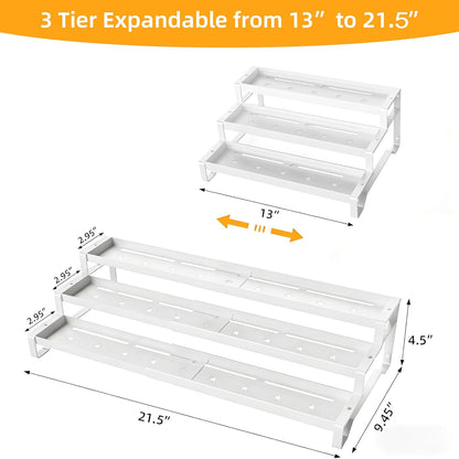 Spice Rack Organizer for Cabinet, 13-21.5" Expandable Spicy Shelf | 3-Tier Metal Seasoning Organizer, Kitchen Spice Organization, Slip-Resistant Guardrails for Jars, Bottles and Cans, Black