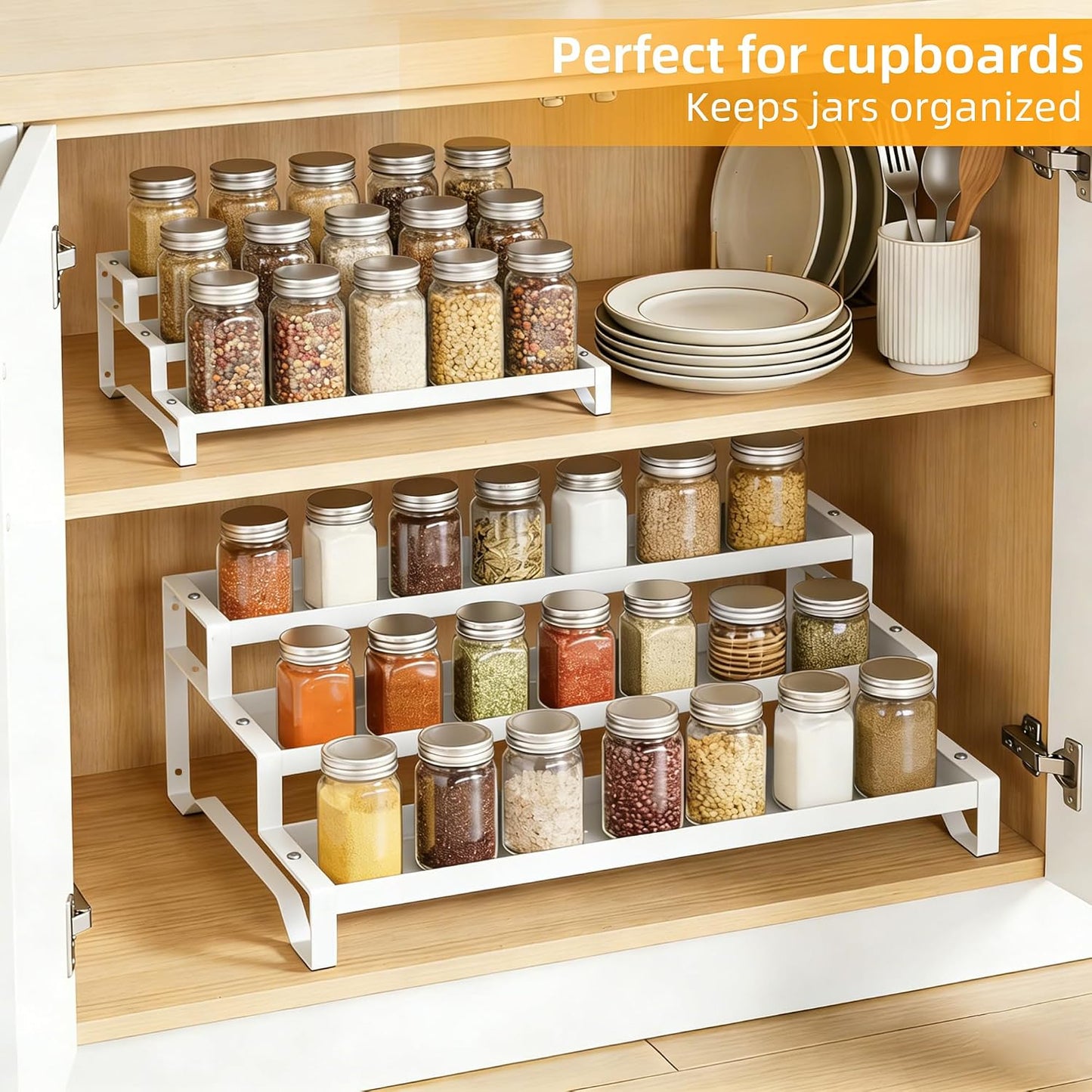 Spice Rack Organizer for Cabinet, 13-21.5" Expandable Spicy Shelf | 3-Tier Metal Seasoning Organizer, Kitchen Spice Organization, Slip-Resistant Guardrails for Jars, Bottles and Cans, Black
