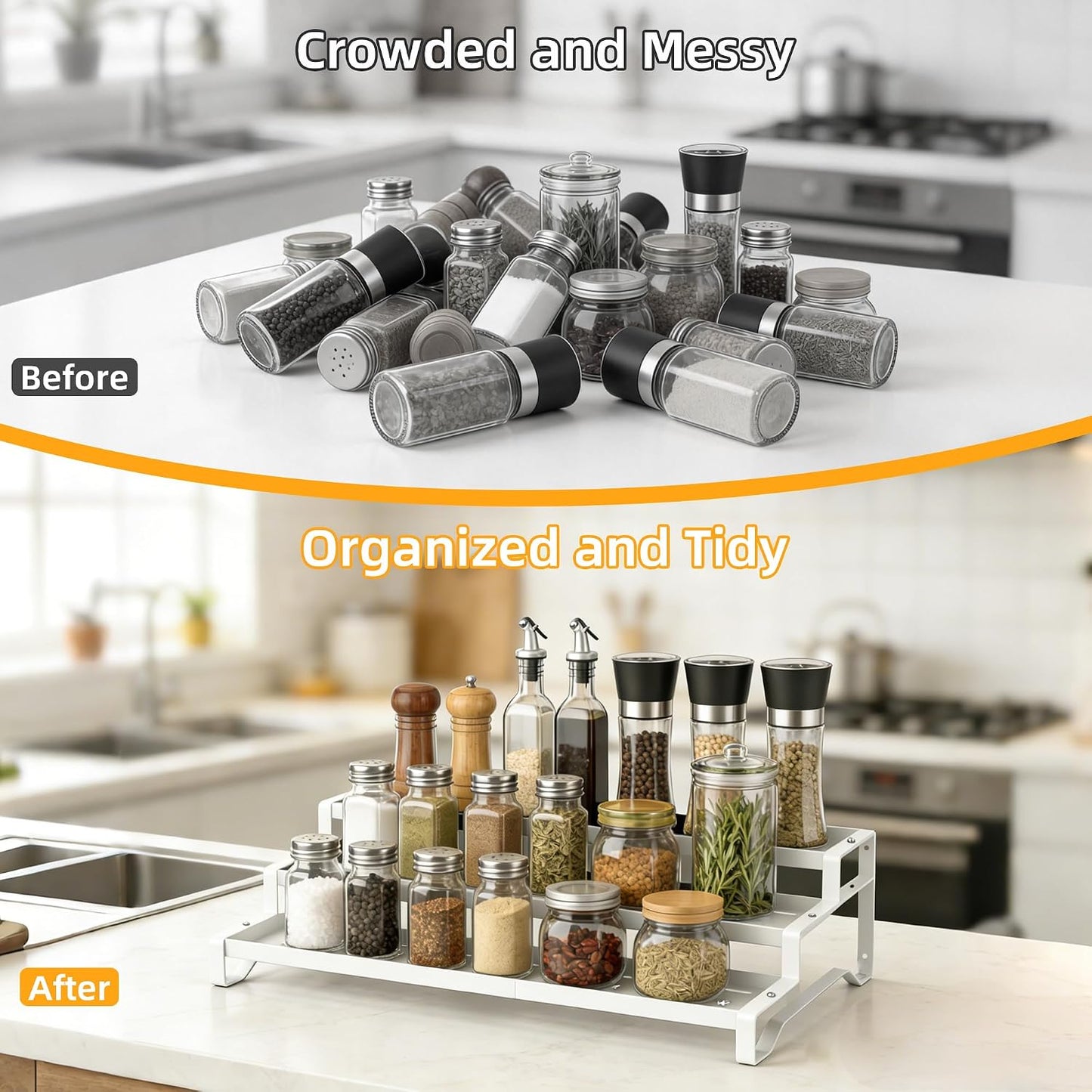 Spice Rack Organizer for Cabinet, 13-21.5" Expandable Spicy Shelf | 3-Tier Metal Seasoning Organizer, Kitchen Spice Organization, Slip-Resistant Guardrails for Jars, Bottles and Cans, Black