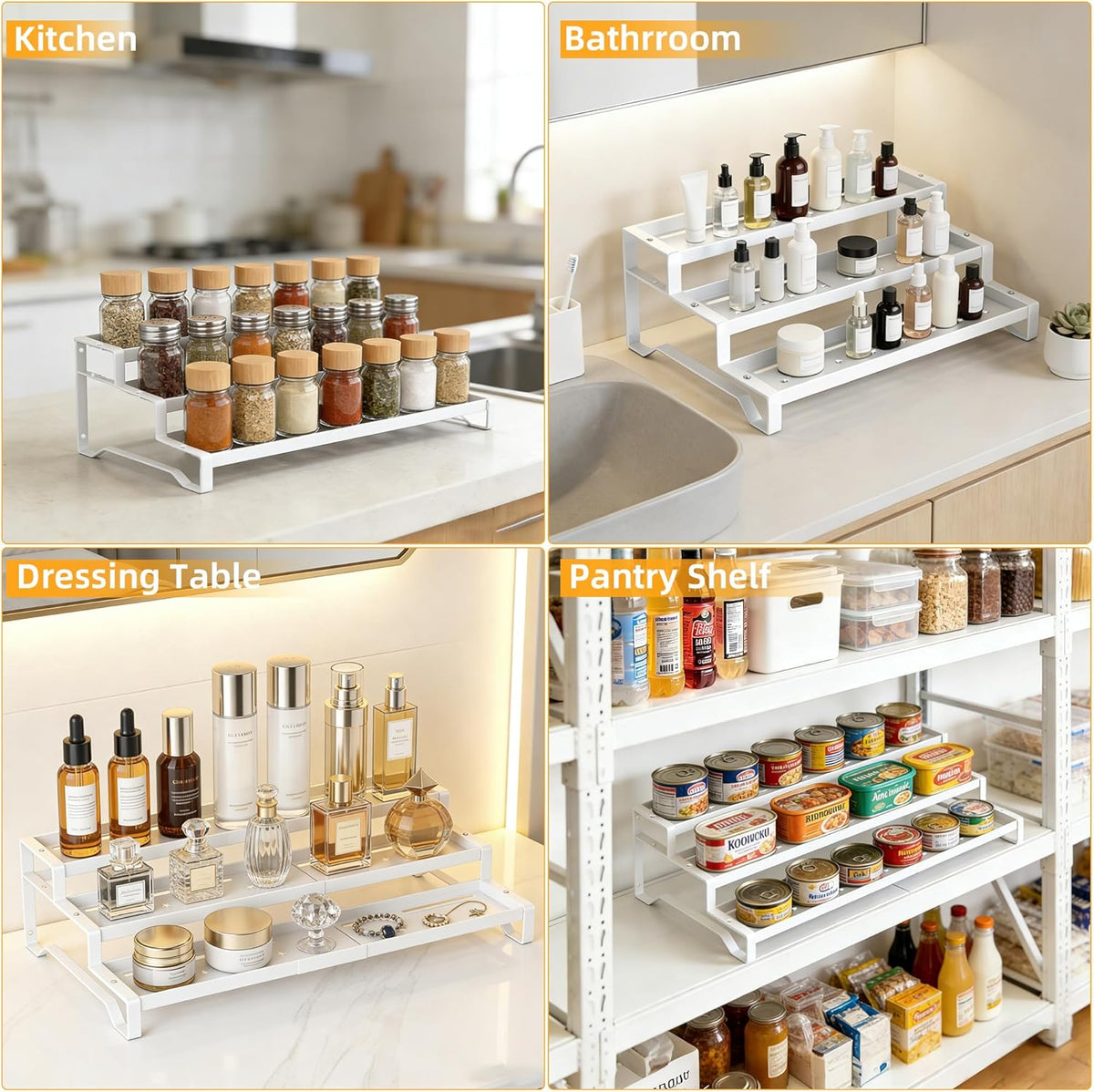 Spice Rack Organizer for Cabinet, 13-21.5" Expandable Spicy Shelf | 3-Tier Metal Seasoning Organizer, Kitchen Spice Organization, Slip-Resistant Guardrails for Jars, Bottles and Cans, Black