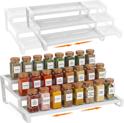Spice Rack Organizer for Cabinet, 13-21.5" Expandable Spicy Shelf | 3-Tier Metal Seasoning Organizer, Kitchen Spice Organization, Slip-Resistant Guardrails for Jars, Bottles and Cans, Black
