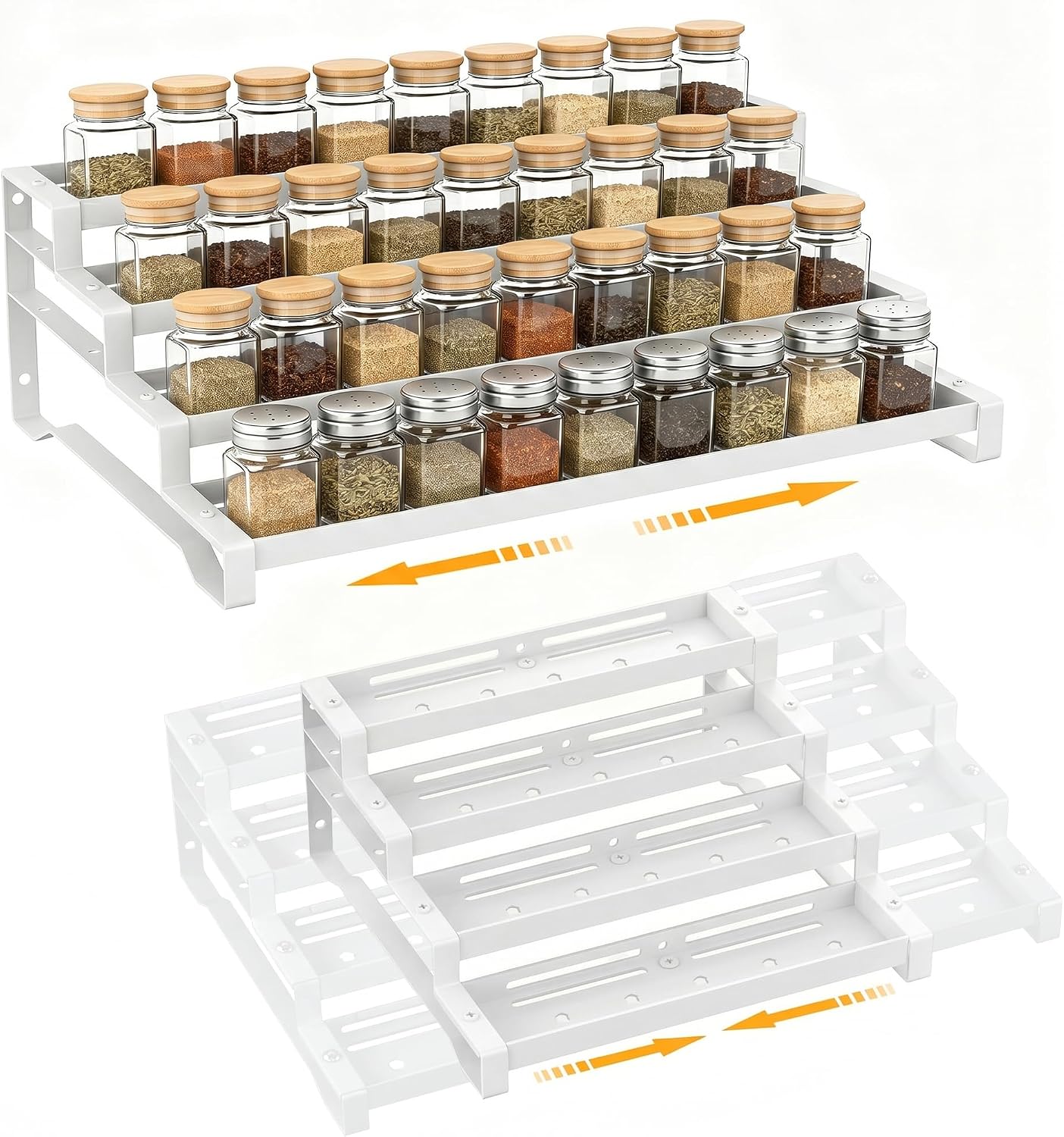 Spice Rack Organizer for Cabinet, 13-21.5" Expandable Spicy Shelf | 3-Tier Metal Seasoning Organizer, Kitchen Spice Organization, Slip-Resistant Guardrails for Jars, Bottles and Cans, Black