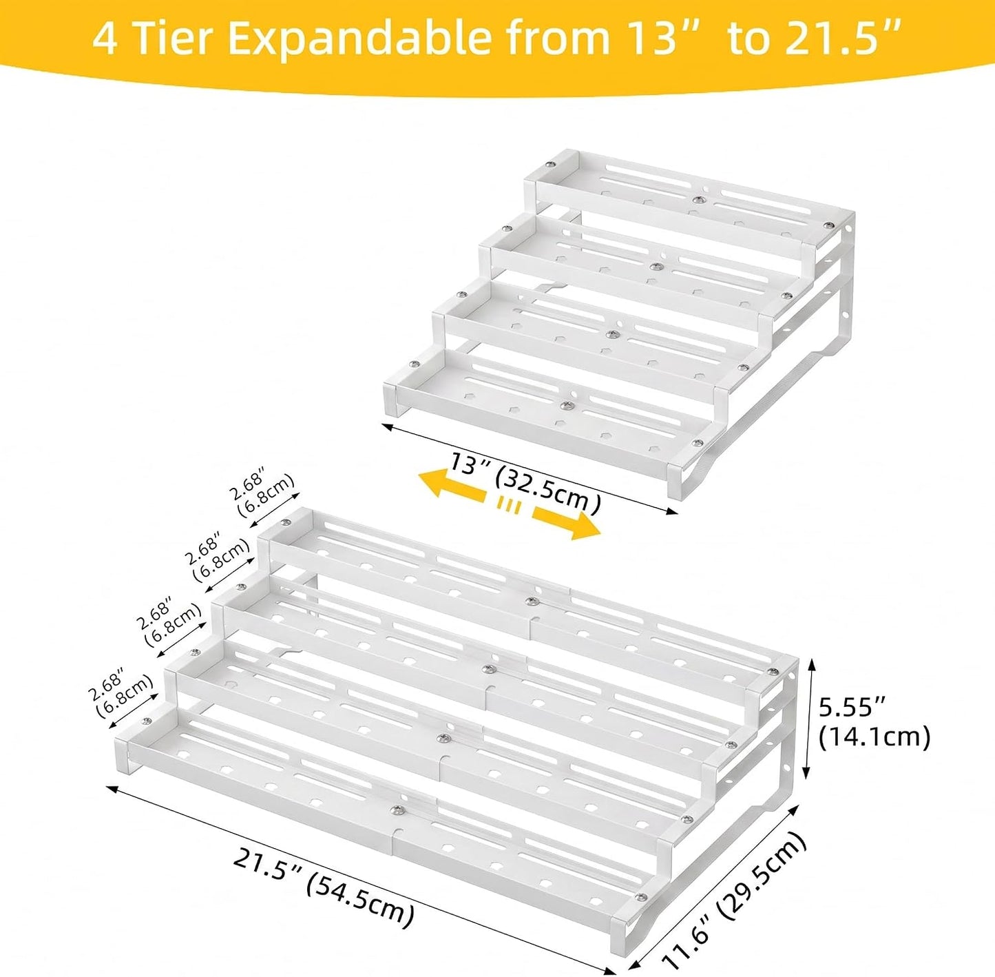 Spice Rack Organizer for Cabinet, 13-21.5" Expandable Spicy Shelf | 3-Tier Metal Seasoning Organizer, Kitchen Spice Organization, Slip-Resistant Guardrails for Jars, Bottles and Cans, Black