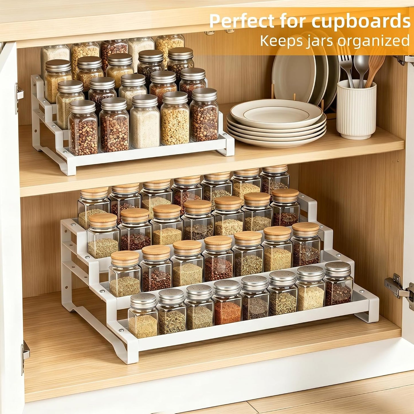 Spice Rack Organizer for Cabinet, 13-21.5" Expandable Spicy Shelf | 3-Tier Metal Seasoning Organizer, Kitchen Spice Organization, Slip-Resistant Guardrails for Jars, Bottles and Cans, Black