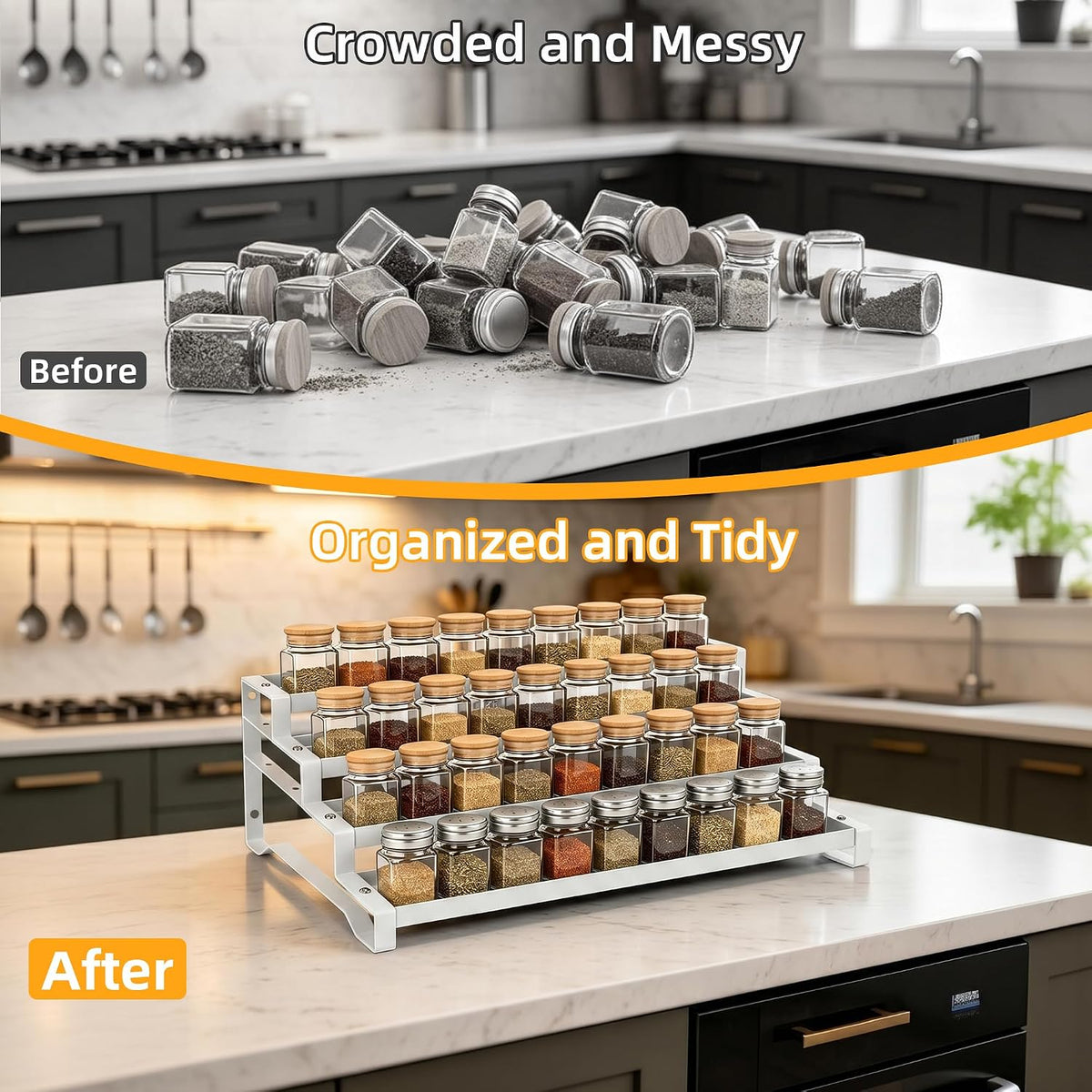 Spice Rack Organizer for Cabinet, 13-21.5" Expandable Spicy Shelf | 3-Tier Metal Seasoning Organizer, Kitchen Spice Organization, Slip-Resistant Guardrails for Jars, Bottles and Cans, Black
