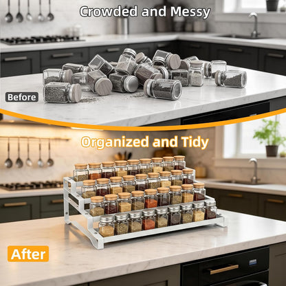 Spice Rack Organizer for Cabinet, 13-21.5" Expandable Spicy Shelf | 3-Tier Metal Seasoning Organizer, Kitchen Spice Organization, Slip-Resistant Guardrails for Jars, Bottles and Cans, Black