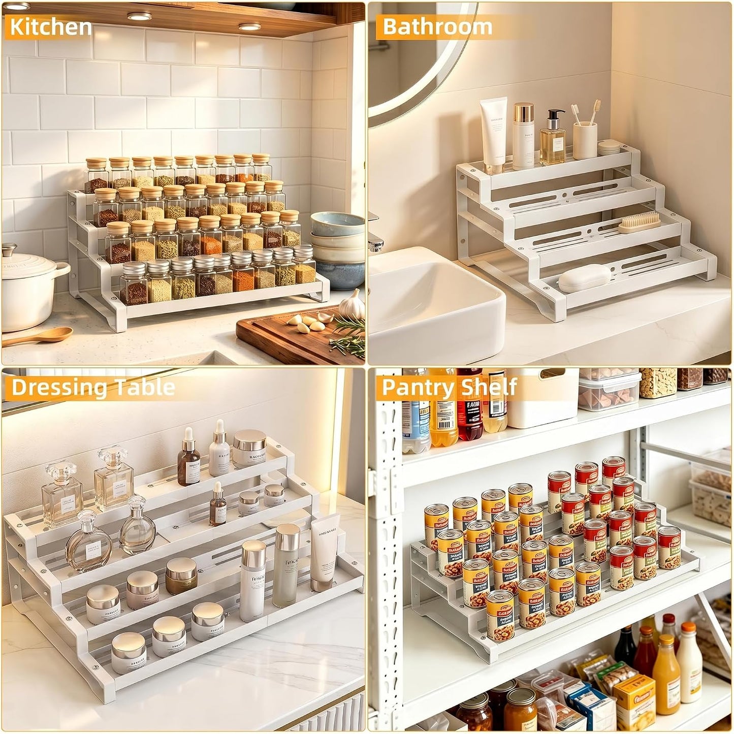 Spice Rack Organizer for Cabinet, 13-21.5" Expandable Spicy Shelf | 3-Tier Metal Seasoning Organizer, Kitchen Spice Organization, Slip-Resistant Guardrails for Jars, Bottles and Cans, Black