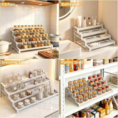 Spice Rack Organizer for Cabinet, 13-21.5" Expandable Spicy Shelf | 3-Tier Metal Seasoning Organizer, Kitchen Spice Organization, Slip-Resistant Guardrails for Jars, Bottles and Cans, Black